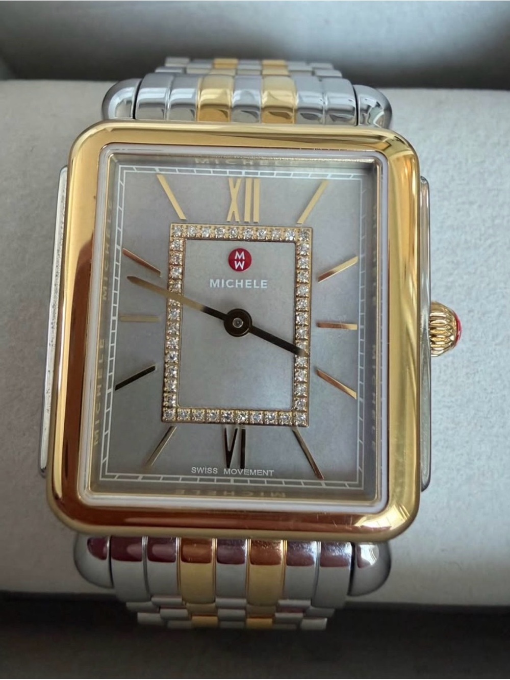 Michele Two-Tone Gold and Silver Rectangular Bracelet Watch - Picture 3 of 4